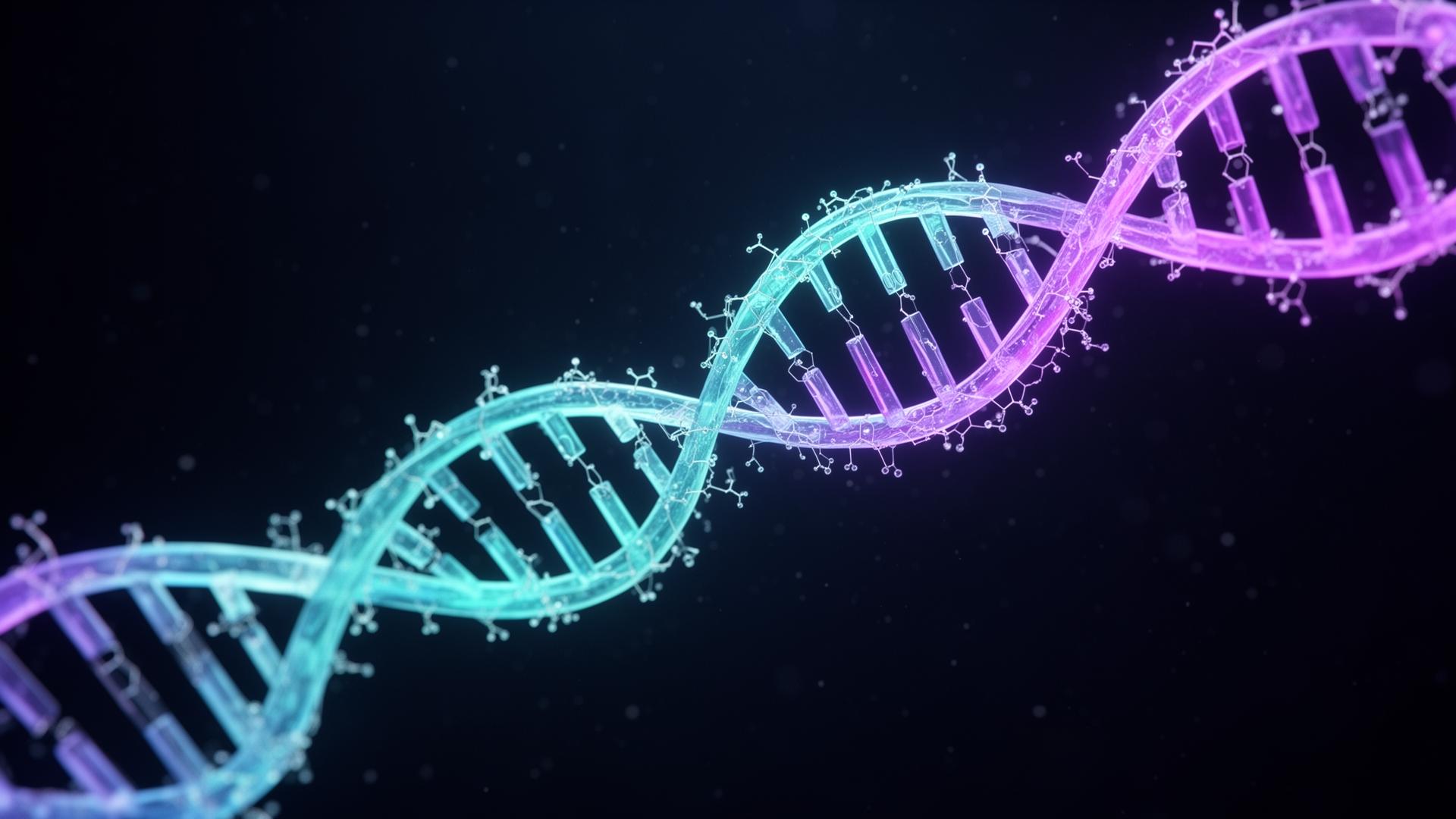 Glowing DNA double helix with peptide molecular chains
